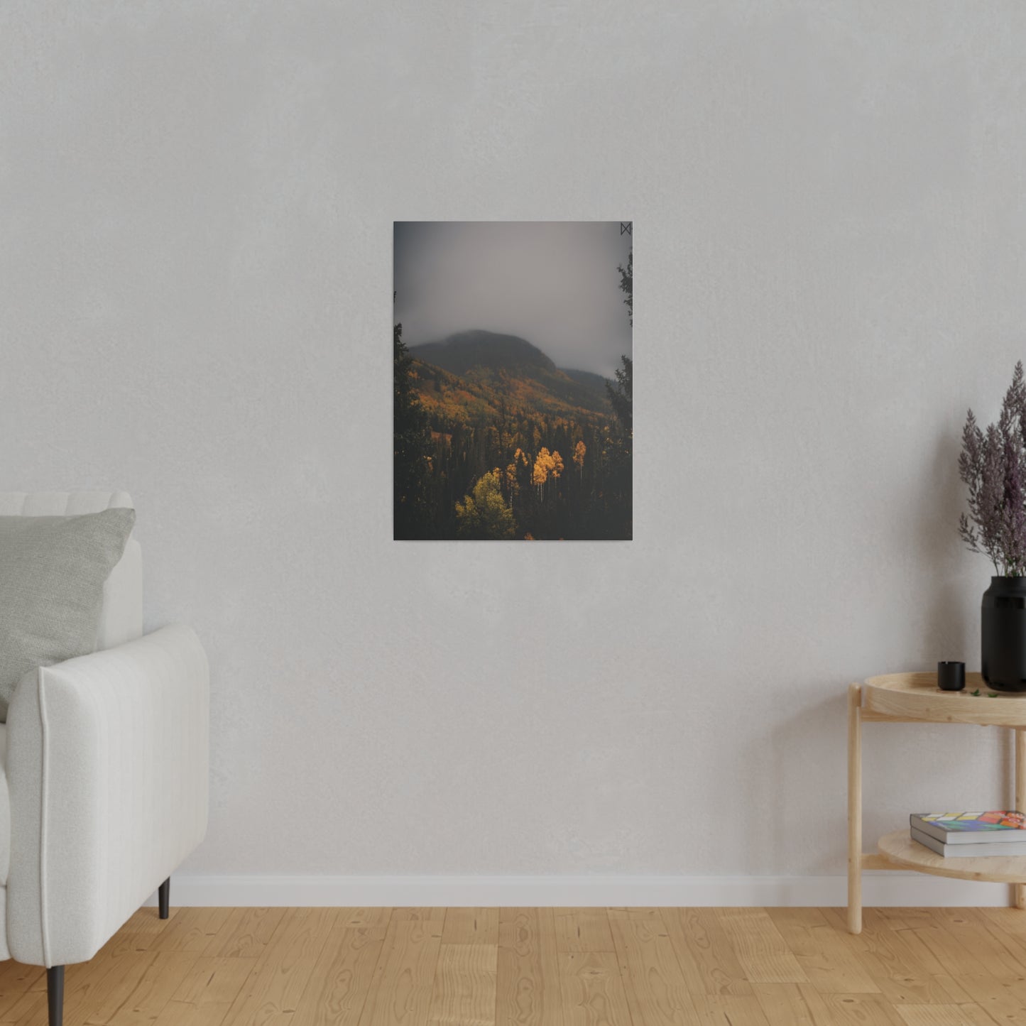 "Golden Trees Amidst Misty Mountains" on Matte Canvas, Stretched, 0.75"