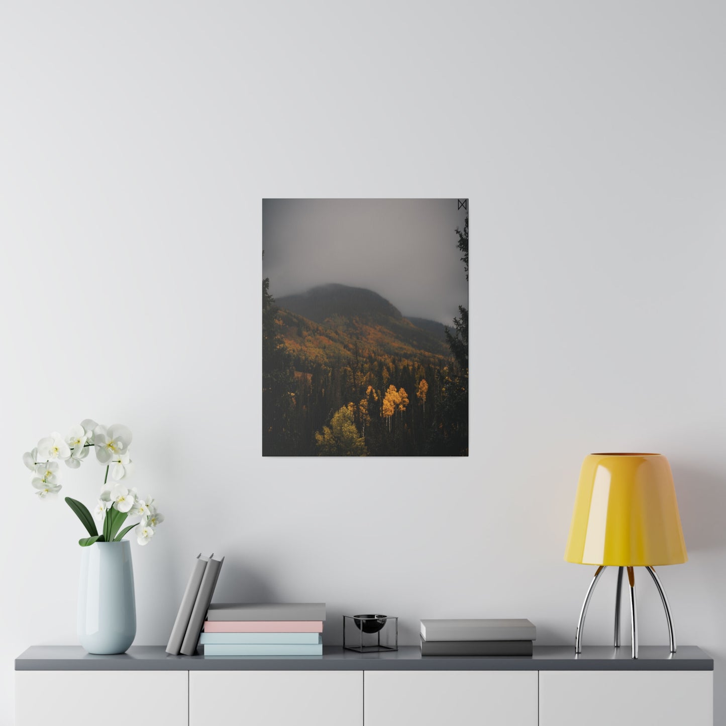 "Golden Trees Amidst Misty Mountains" on Matte Canvas, Stretched, 0.75"