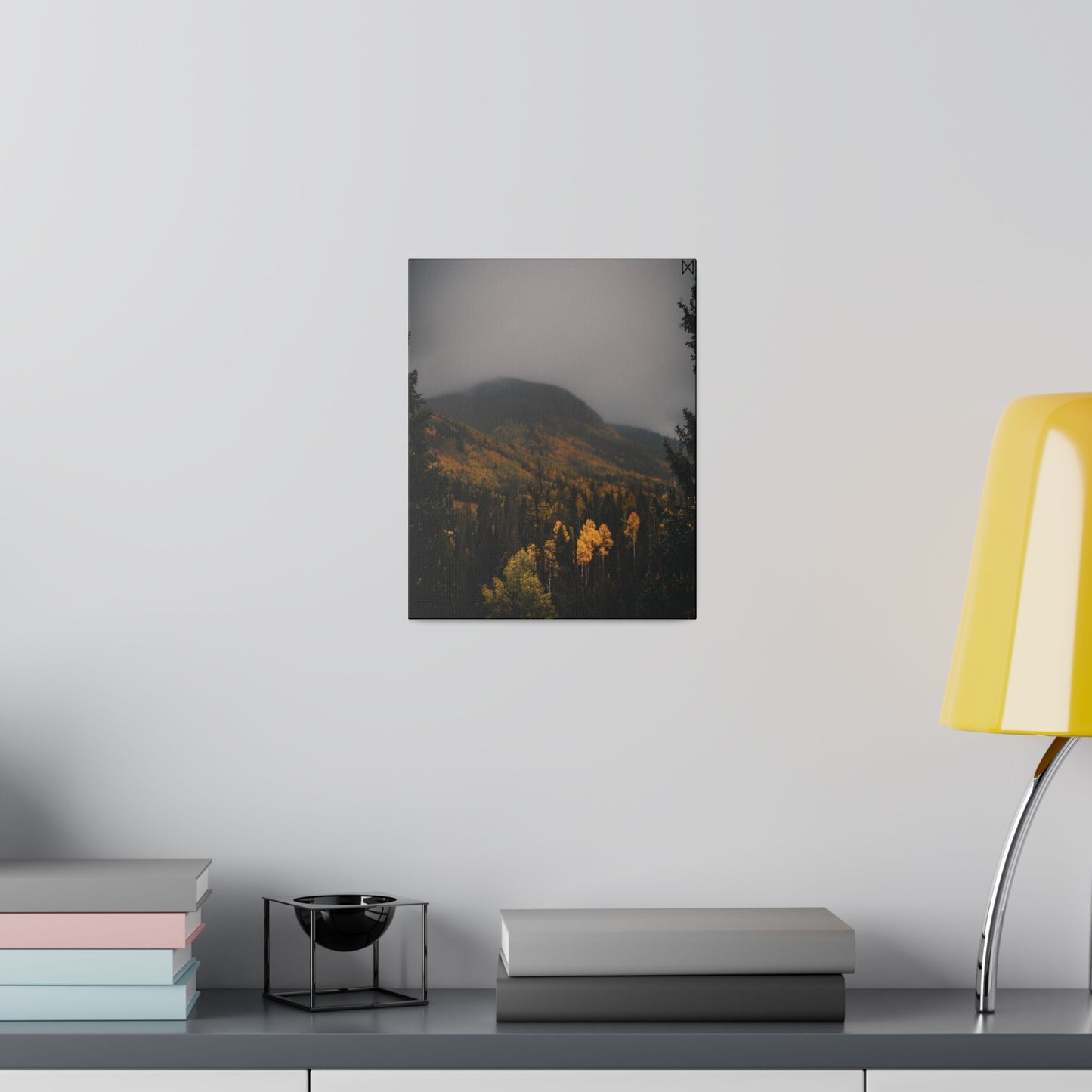 "Golden Trees Amidst Misty Mountains" on Matte Canvas, Stretched, 0.75"