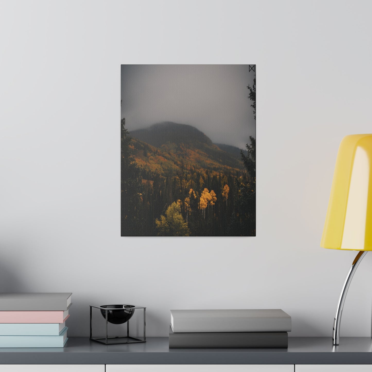 "Golden Trees Amidst Misty Mountains" on Matte Canvas, Stretched, 0.75"