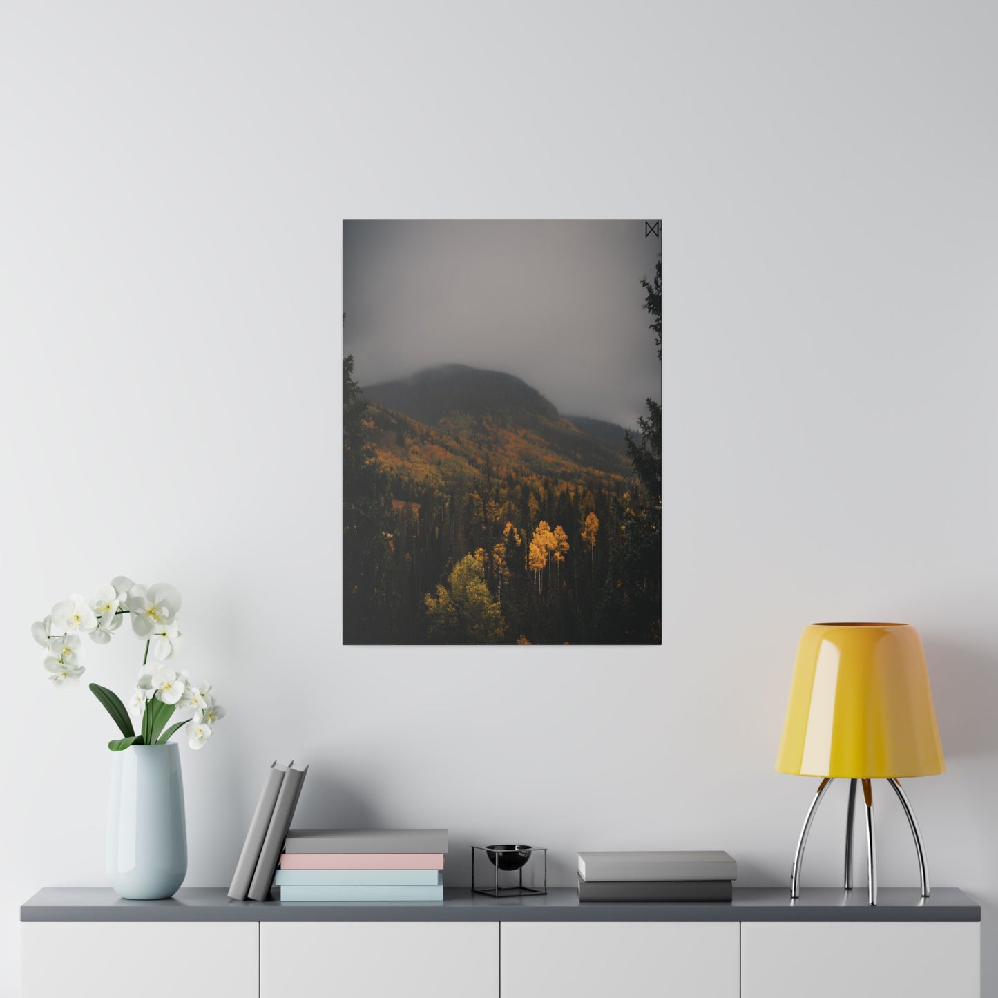 "Golden Trees Amidst Misty Mountains" on Matte Canvas, Stretched, 0.75"