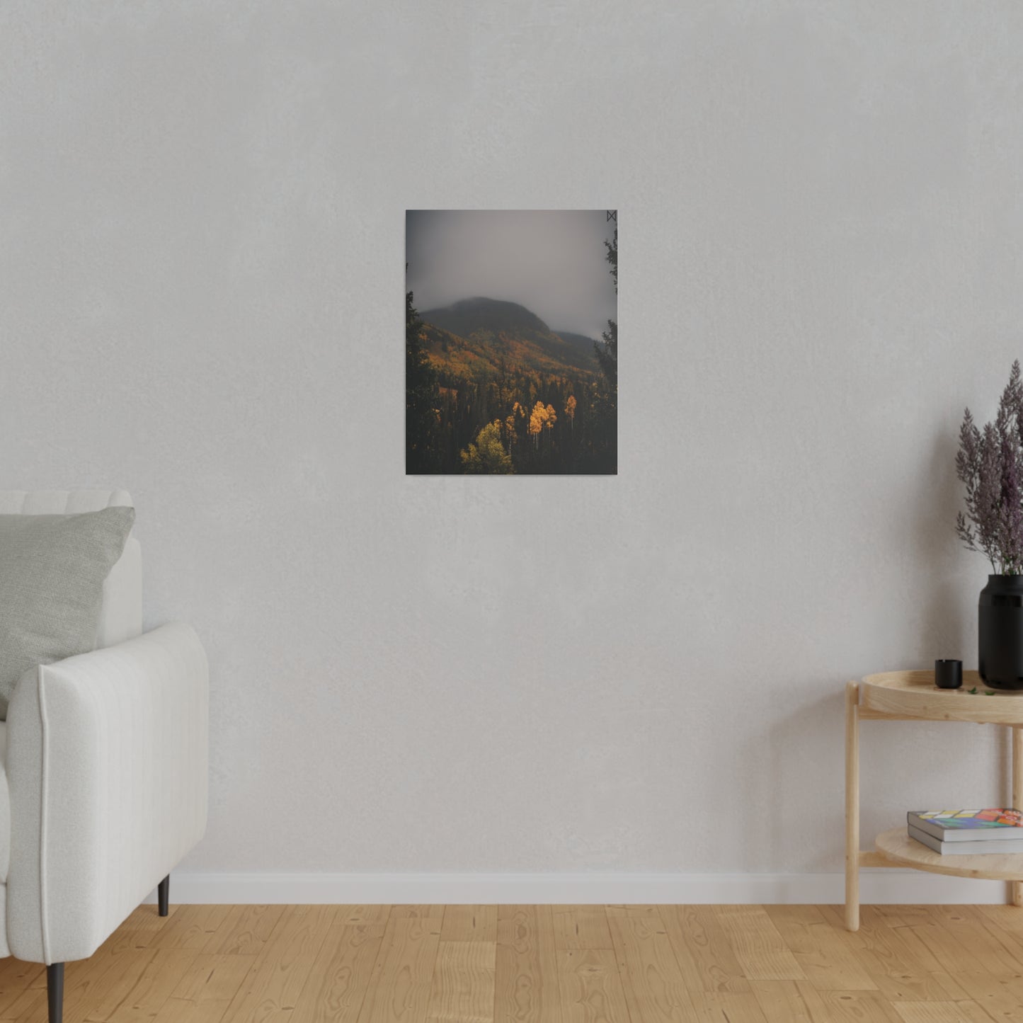 "Golden Trees Amidst Misty Mountains" on Matte Canvas, Stretched, 0.75"