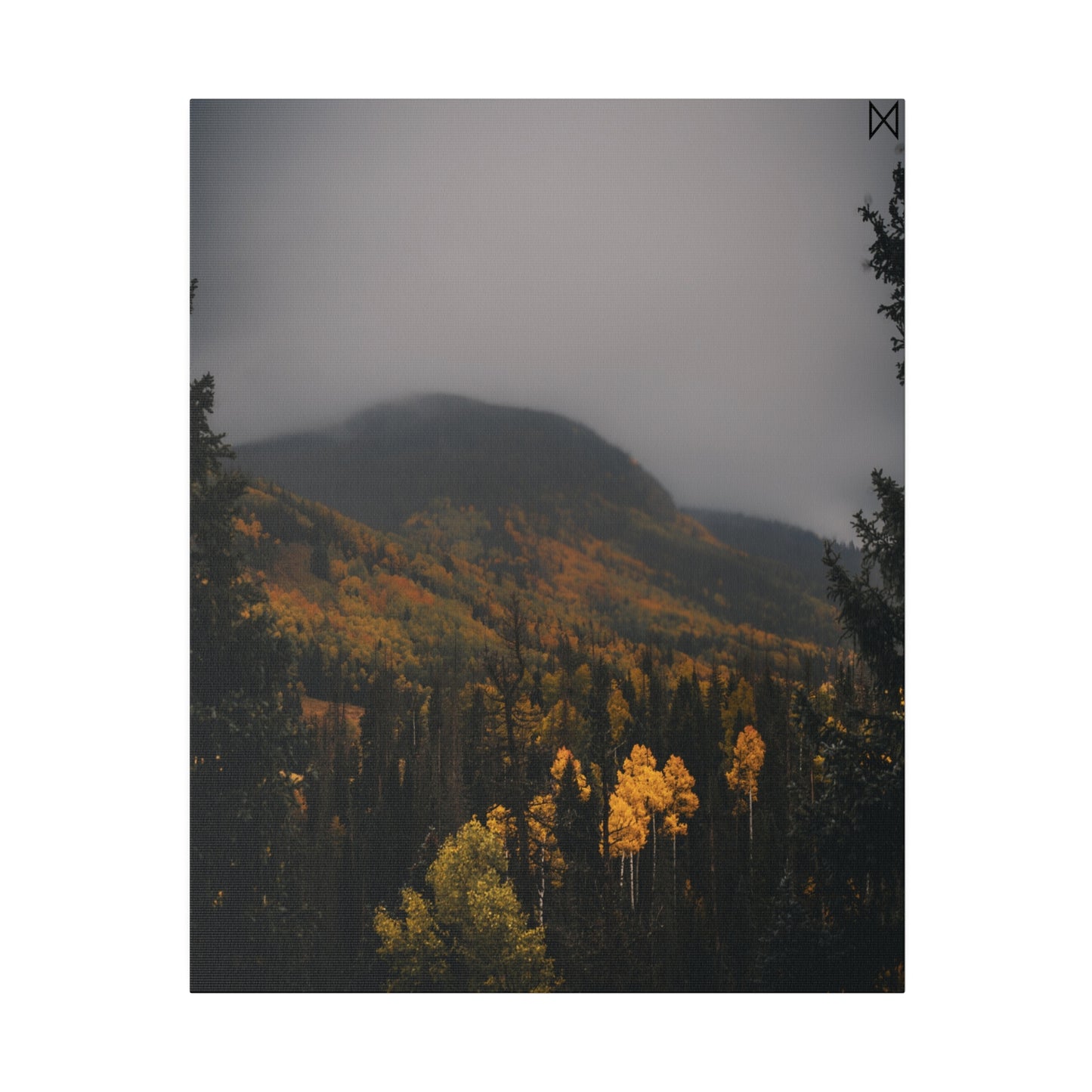 "Golden Trees Amidst Misty Mountains" on Matte Canvas, Stretched, 0.75"